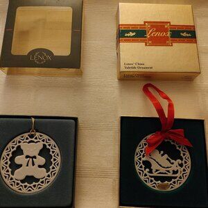 Lenox China Ornaments (2) in Original Boxes Teddy Bear & 1988 Santa's Sleigh